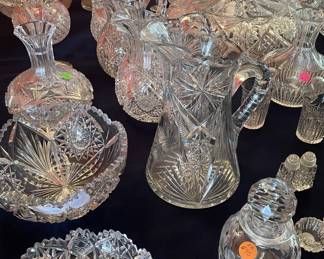 Cut glass pitchers, carafe, cruet