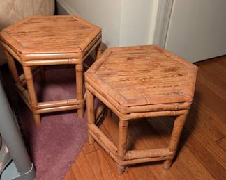 Vintage Hexagonal Bamboo and Rattan Side Tables