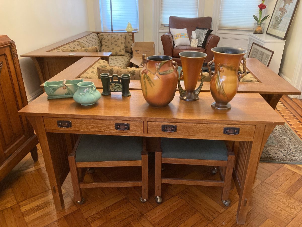 Stickley Sofa Table + Stools+ Roseville Pottery
