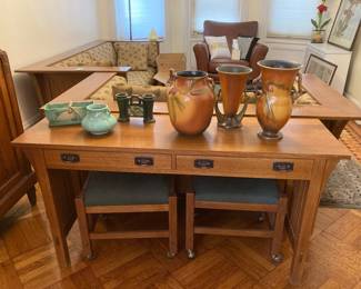 Stickley Sofa Table + Stools+ Roseville Pottery