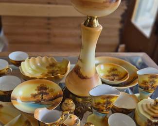 Noritake "tree in the meadow" set. Hand painted gone with the wind style lamp matched to the style