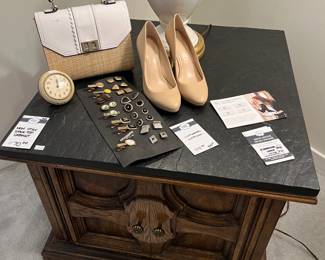 MCM Style Stone Top Cabinet, Unmarked Earrings, Women's Shoes 