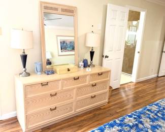 Elegant blonde wood dresser and mirror 