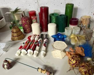 Assorted Christmas Candles and Ornaments including Troll Doll and Snowman Lighter