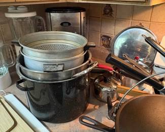Granite Ware Stockpot with Steamer Insert and Cast Iron Skillet