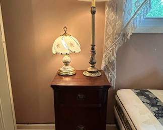 Victorian Style Mahogany Nightstand with Floral Ceramic Lamp and Ornate Table Lamp