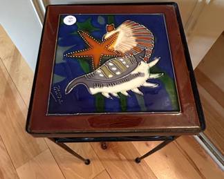 Vintage Wrought Iron Plant Stand with HandPainted Ceramic Tile Top second image