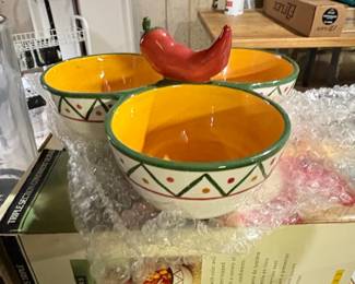 Clay Art Chili Pepper Triple Section Condiment Server