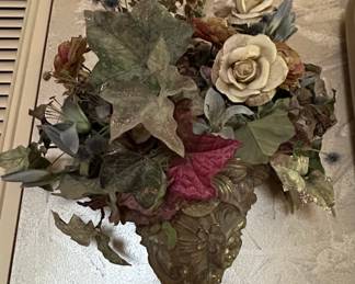 Gilt Metal Wall Sconce with Artificial Floral Arrangement