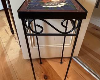 Vintage Wrought Iron Plant Stand with HandPainted Ceramic Tile Top