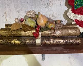 Vintage Glittered Fruit and Log Christmas Centerpiece