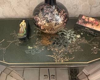 Black Lacquered Corner Cabinet with Gilt Chinoiserie Decoration second image
