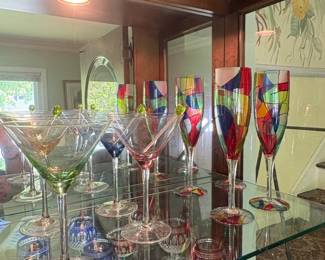 Art Glass Martini and Champagne Flutes Set with Stained Glass Mosaic Pattern