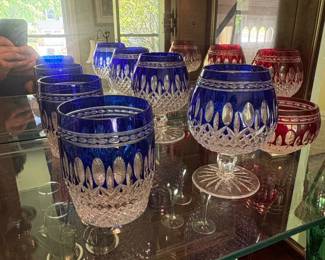 Bohemian Crystal Cut Overlay Brandy Snifters  Cobalt Blue and Ruby Red