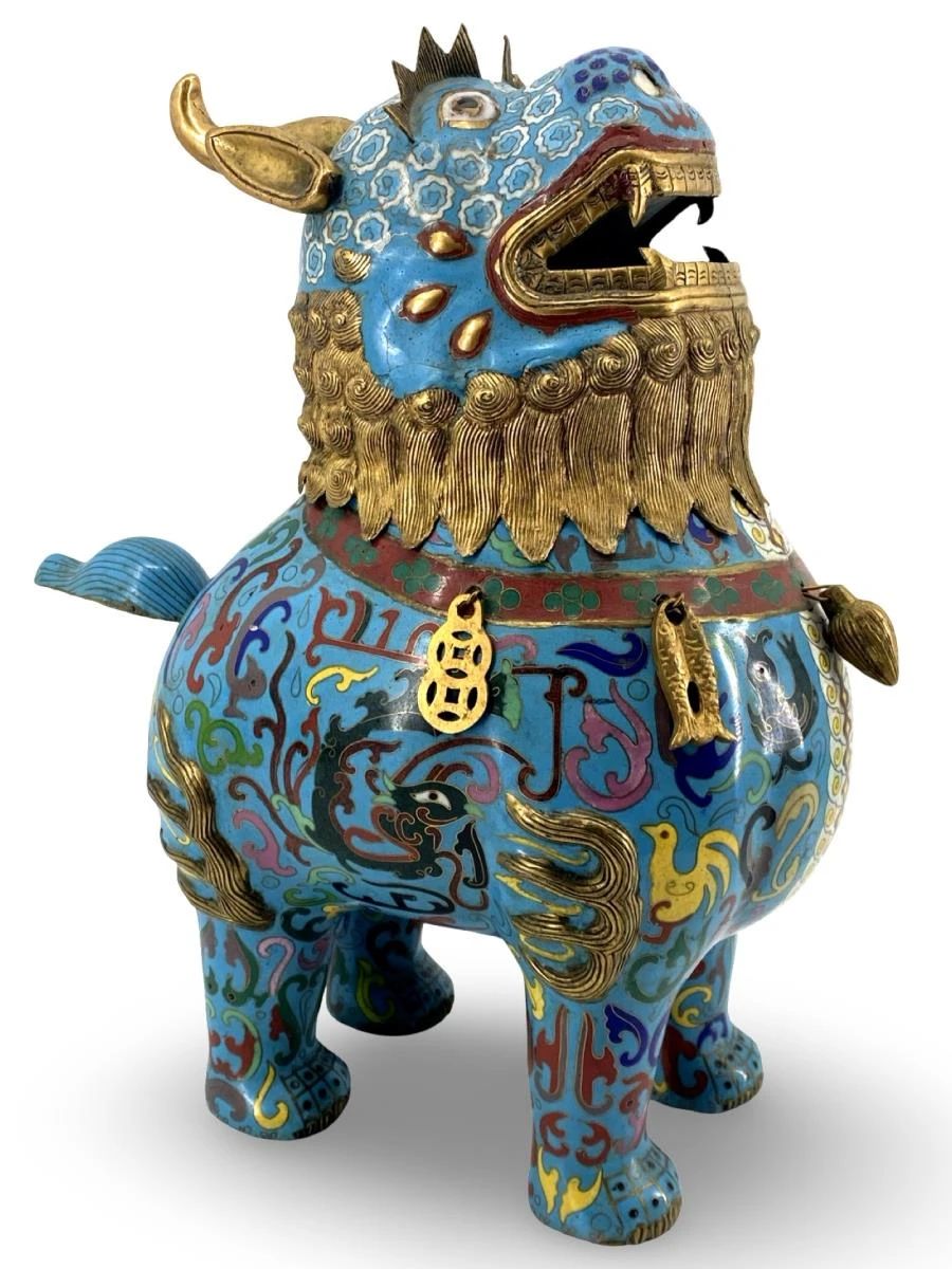 Large Antique Chinese Cloisonné Foo Lion Brass Box