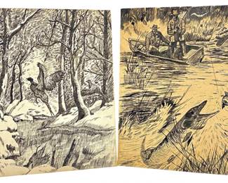 Pair (2) of Lyle Hall Pen Ink on Board Sketches