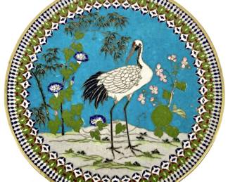 Meiji Japanese Enameled Cloisonné Crane Plate