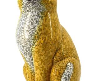 Big Yellow Enameled Cloisonné Brass Cat Sculpture