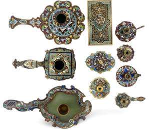 Antique Cloisonné Champleve Chamberstick Set