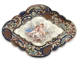 Old French Champleve Framed Painted Porcelain Dish
