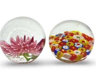 2pc Floral Murano Art Glass Paperweights