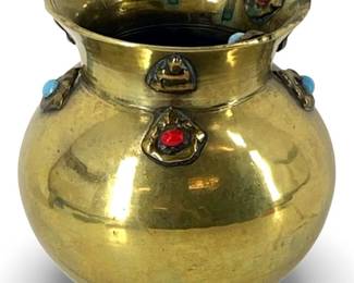 Vintage Turquoise & Coral Inlaid Solid Brass Vase