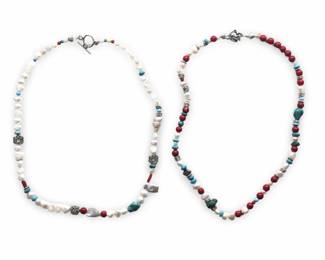 (2) Handmade Pearl Turquoise Coral Necklaces