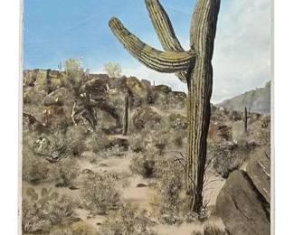 Signed Desert Saguaro Cactus Oil on Canvas