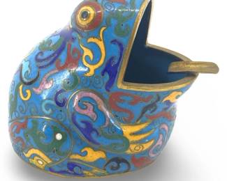 Vintage Enameled Cloisonné Brass Frog Ash Tray