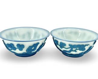 2pc Chinese White and Blue Peking Glass Bowls