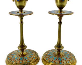 2pc French Champleve Brass Candlesticks