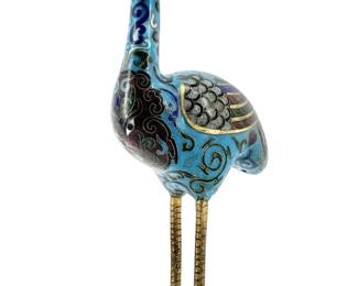 Enameled Cloisonné Brass Crane Sculpture