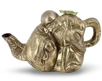 Vintage Chinese Silver Teapot with Jade Bat Lid