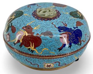 Old Enameled Cloisonné Lidded Brass and Jade Bowl