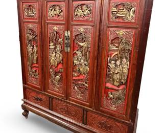 19th C. Chinese Ming Style Red Lacquer Cabinet