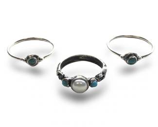 (3) Silver & Sterling Silver Pearl Turquoise Rings