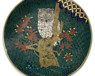 Meiji Japanese Cloisonné Owl Design Brass Plate