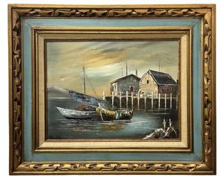 Signed Nautical Dock Oil on Canvas