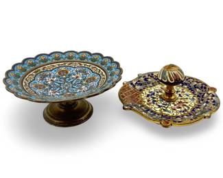 Vintage Cloisonné French Brass Compote & Tray