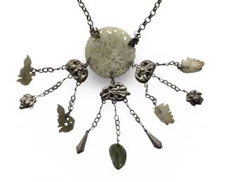 Antique Chinese Ethnic Silver Carved Jade Pendant