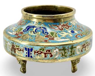 Vintage Cloisonné Enameled Brass Pot