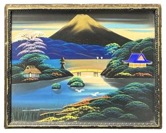 Vintage Vibrant Japanese Mount Fuji Silk Painting