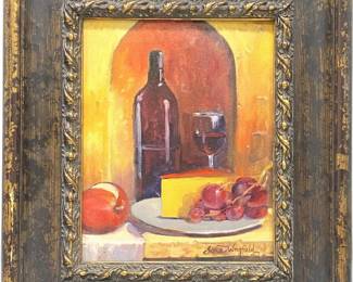 Jane Wingfield Signed “Fruit & Wine" Oil on Board