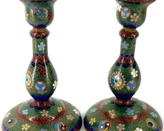 2pc Brass Meiji Japanese Cloisonné Candlesticks