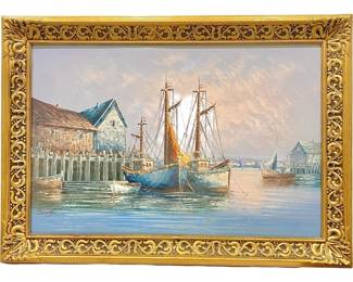 Big Signed Savage Oil on Canvas Port-Docked Boats