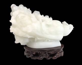 Large Hand Carved White Jade Floral Sculpture