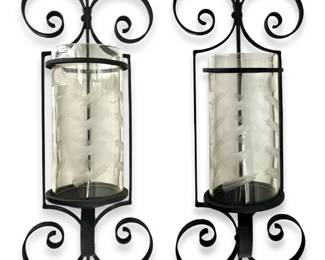2pc Cast Iron and Etched Glass Candleholders