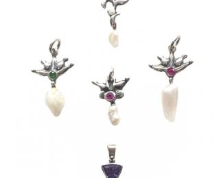 (5) Silver Pearl Ruby Emerald Amethyst Brutalist
