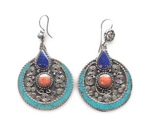 Pair Sterling Coral Lapis Tibetan Art Deco