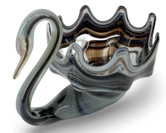 Marbled Swung Art Glass Swan Candy Dish